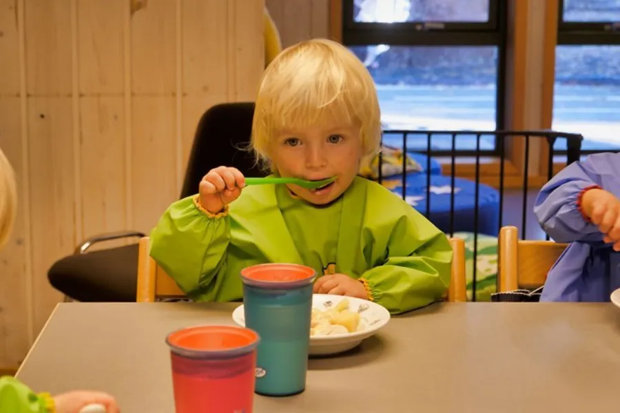 A young boy eating cereal