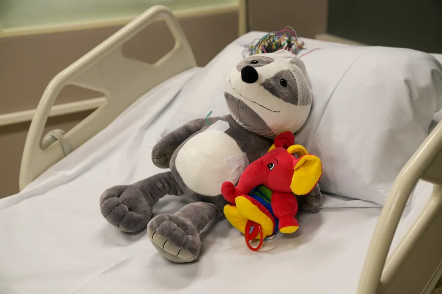 En bamse-Grevling ligger på en seng med ledninger festet til hodet. Ved siden av han ligger en elefantbamse.