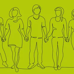 Illustrasjon av syv mennensker som står på linje og holder i hendene til hverandre.