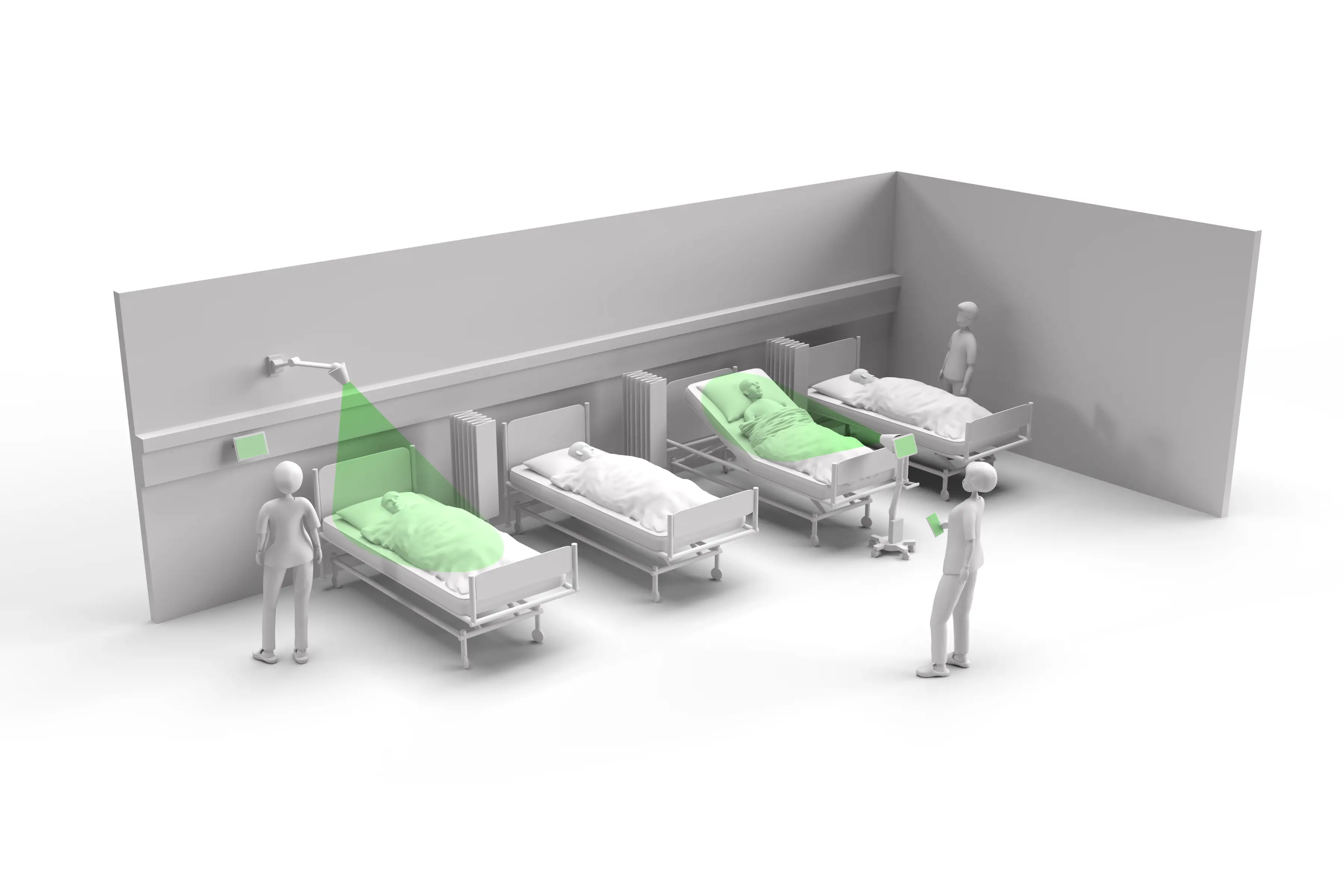 Illustrasjon av et rom med fire sykehussenger med pasienter i. 