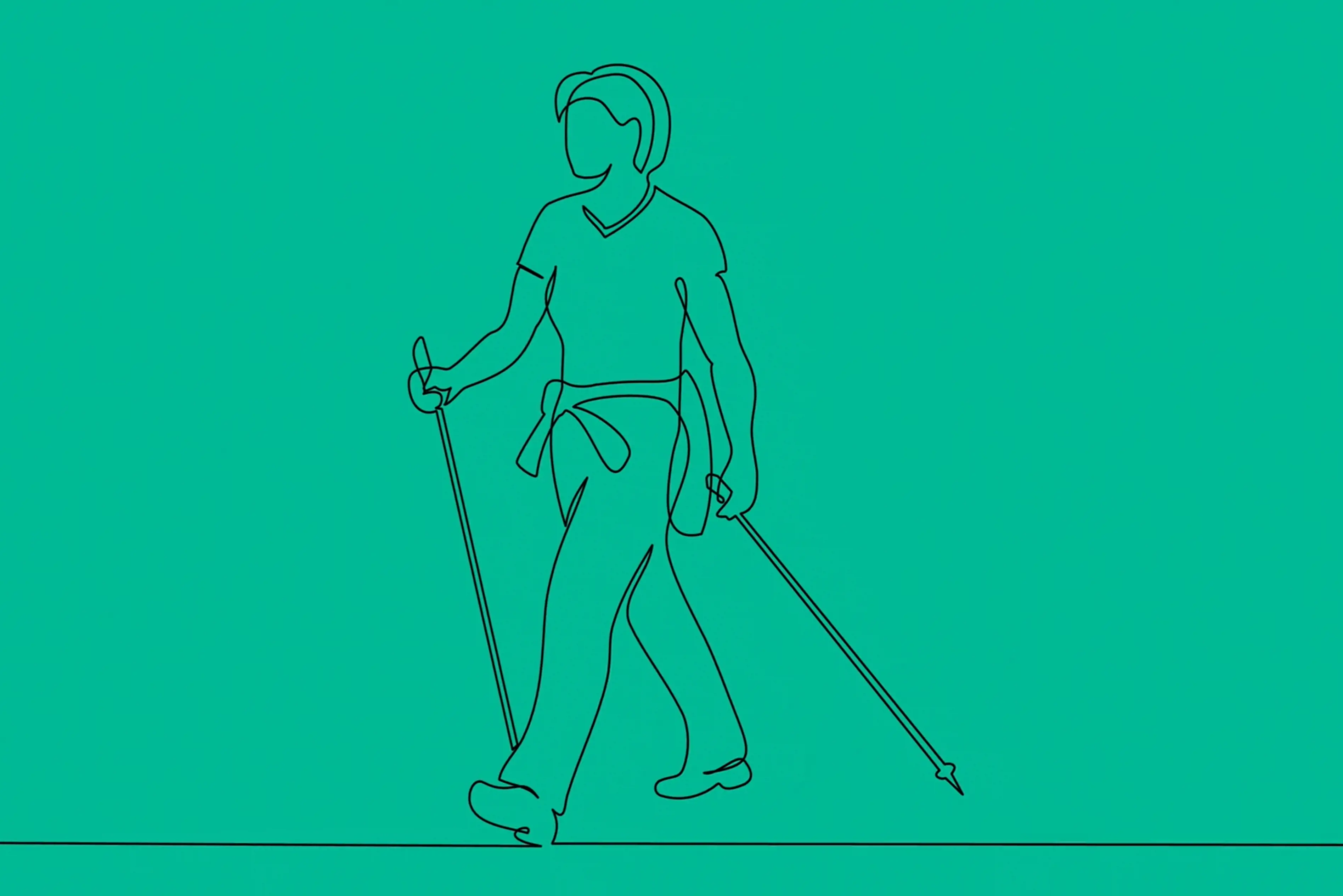 Illustrasjon av en dame som går med to gåstaver. Grønn bakgrunn.