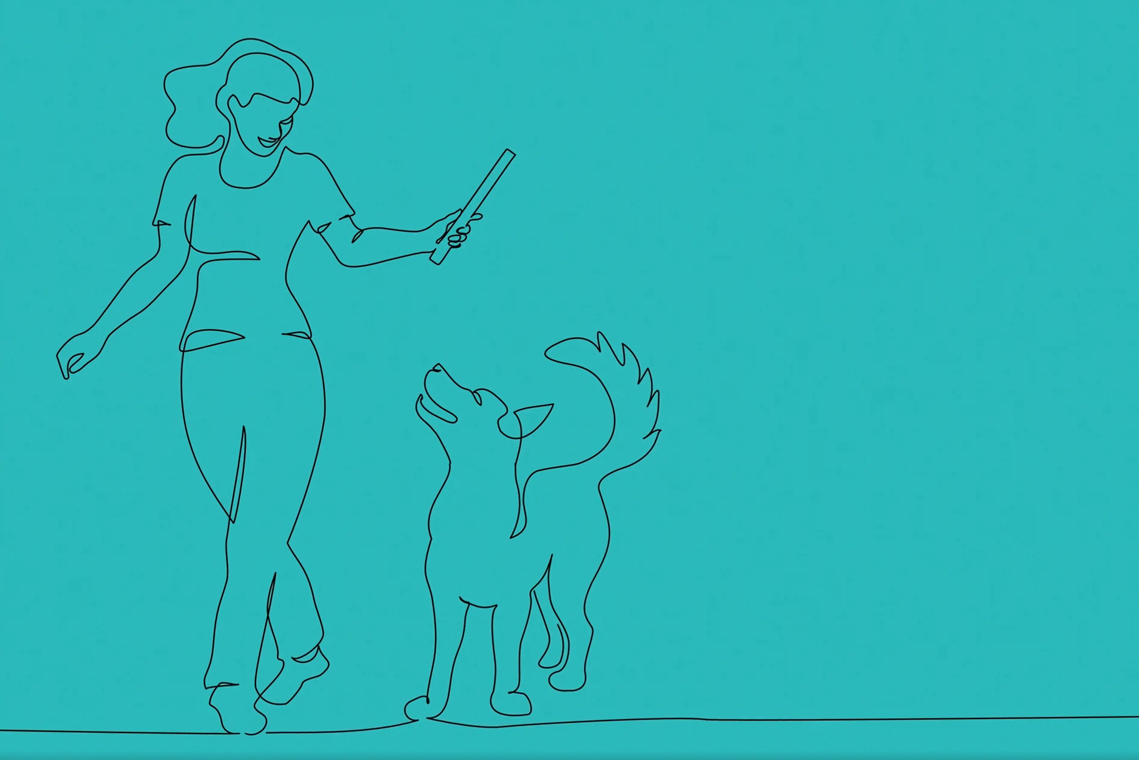 Illustrasjon av en dame som går med en hund siden av seg. I hånden har hun en pinne som hunden ser opp på. Grønn bakgrunn.