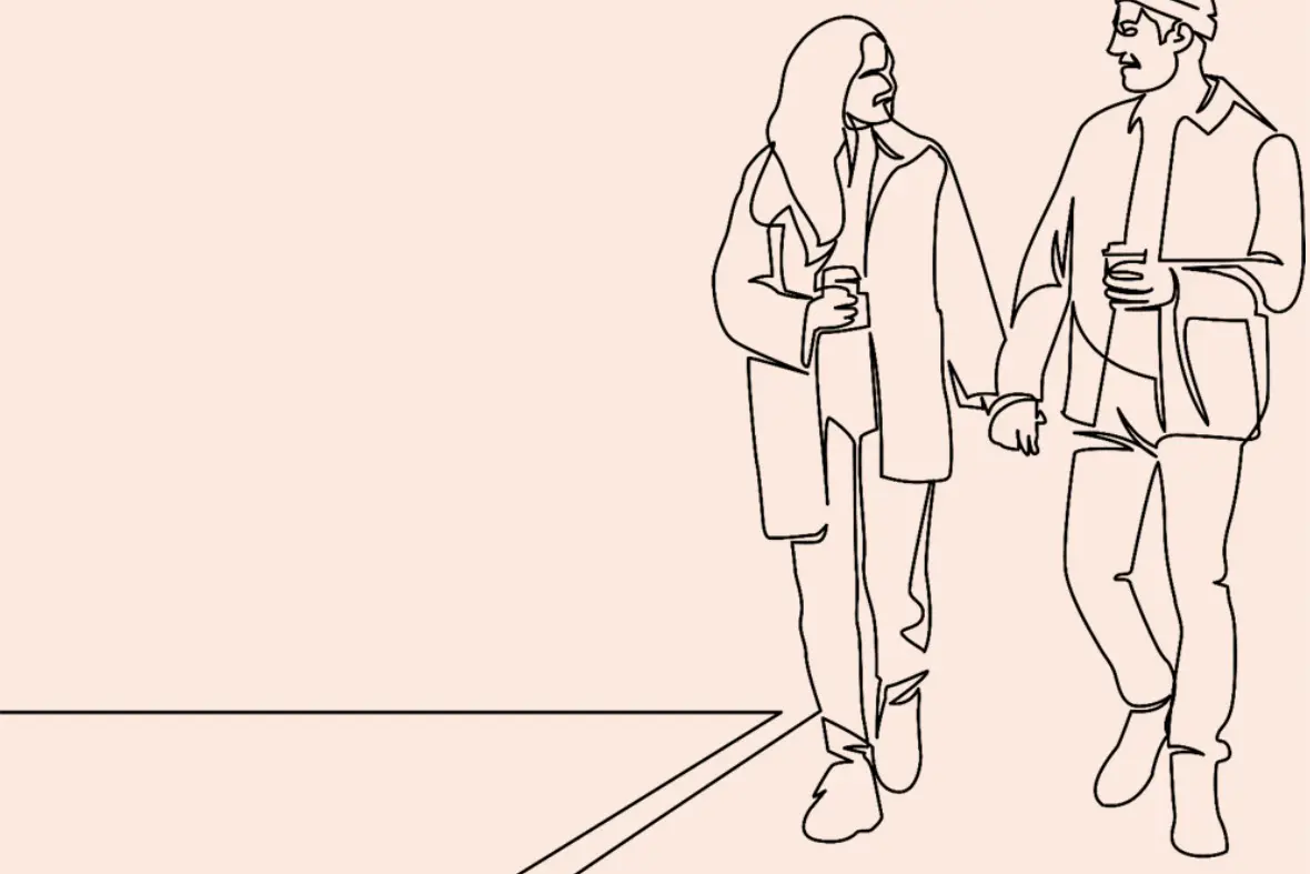 Illustrasjon av en dame og en mann som går hånd i hånd