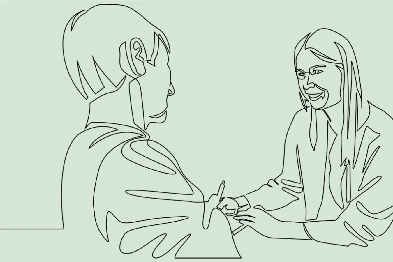 Illustrasjon av en dame som sitter  og snakker med en mann