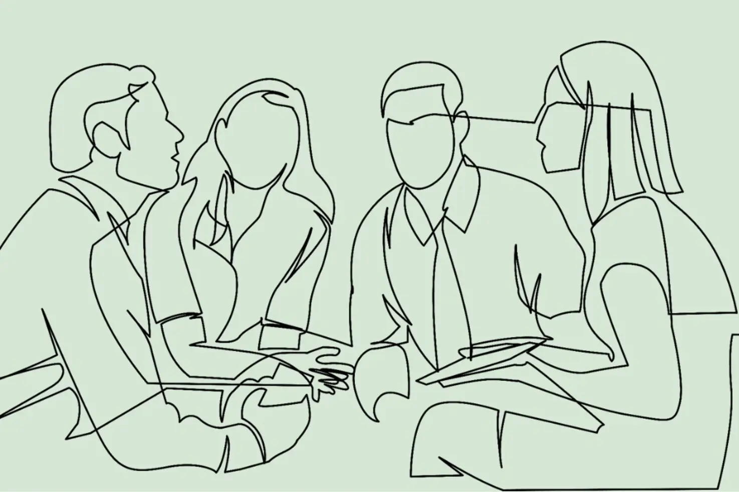 Illustrasjon av en gruppe mennesker som sitter og snakker sammen. To menn og to damer.