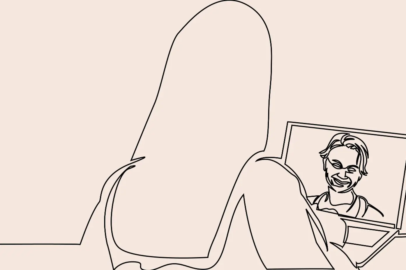 Illustrasjon av en kvinne som sitter og ser på en pc-skjerm. På skjermen er det en mann.
