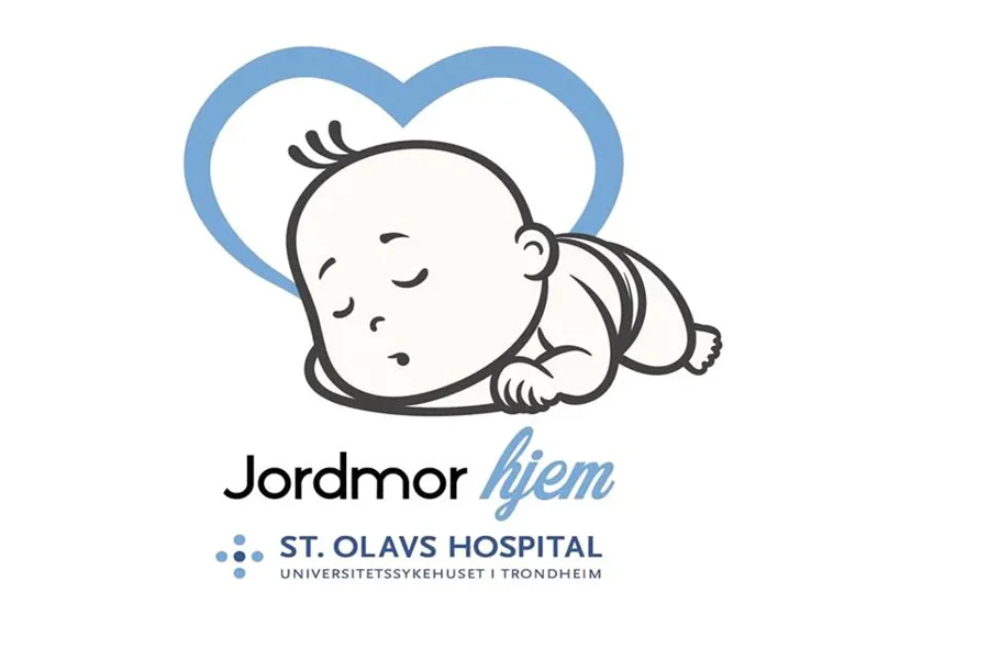 Logoen til Jordmor hjem. Et sovende barn med et blått hjerte rundt.