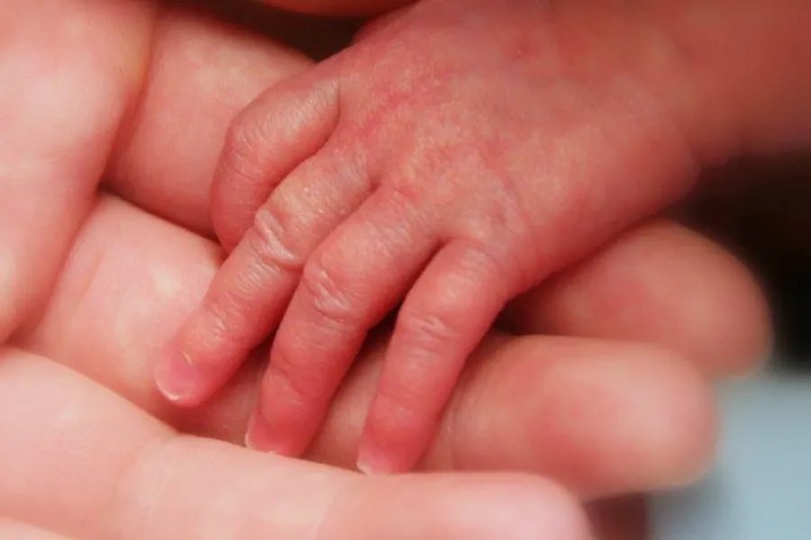 Bildet viser en liten babyhånd oppi en voksenhånd.