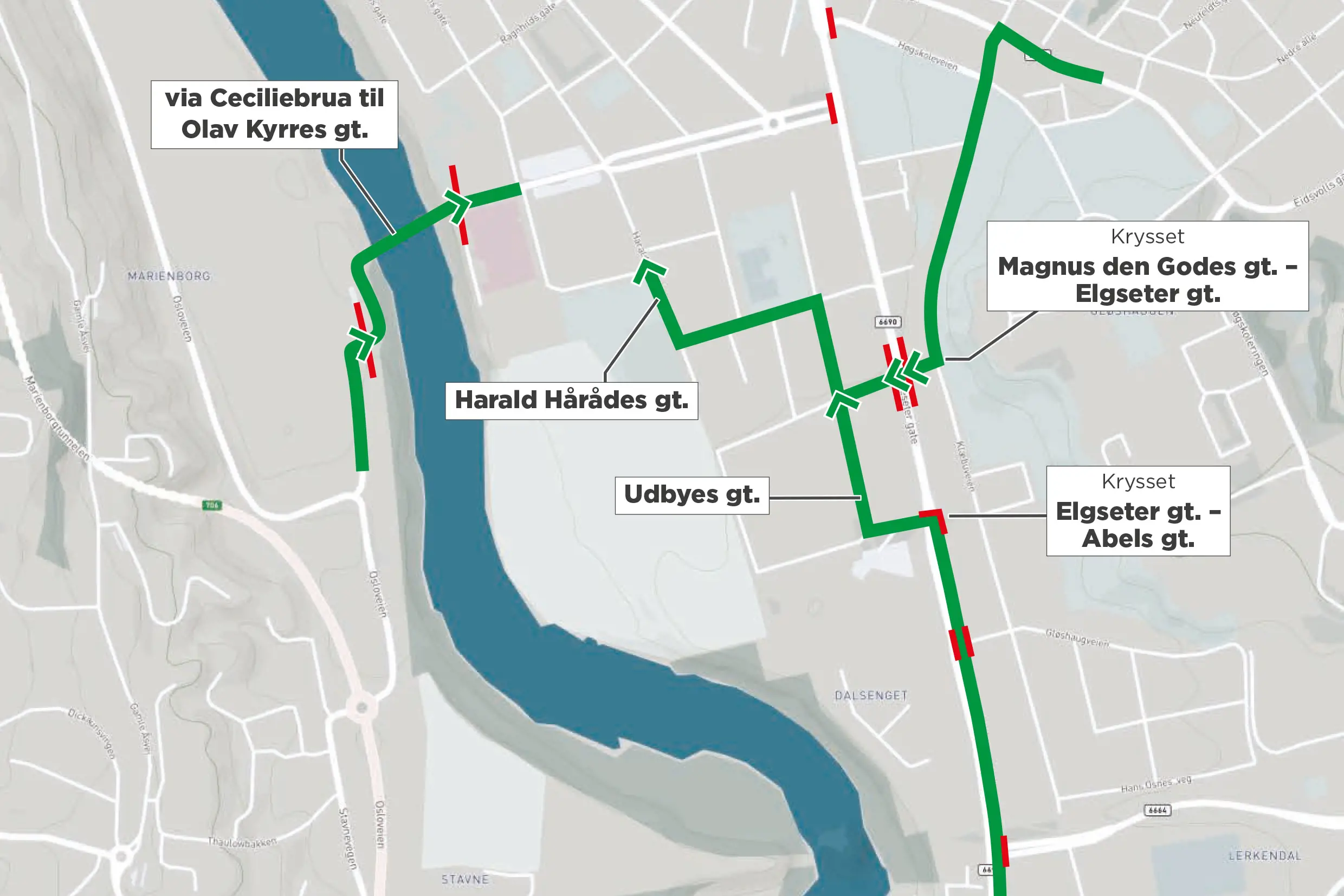 kart som viser hvor veien er sperret inn til st. olav 14. august 2022. Viser også alternative ruter og sluser med vakter. 