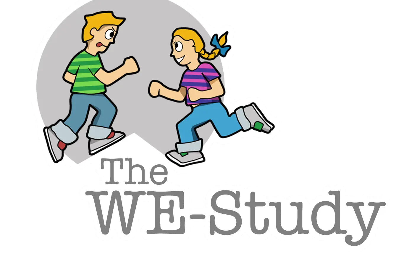 Logoen til WE-studien. Gutt og en jente som løper. Illustrasjonsbilde.